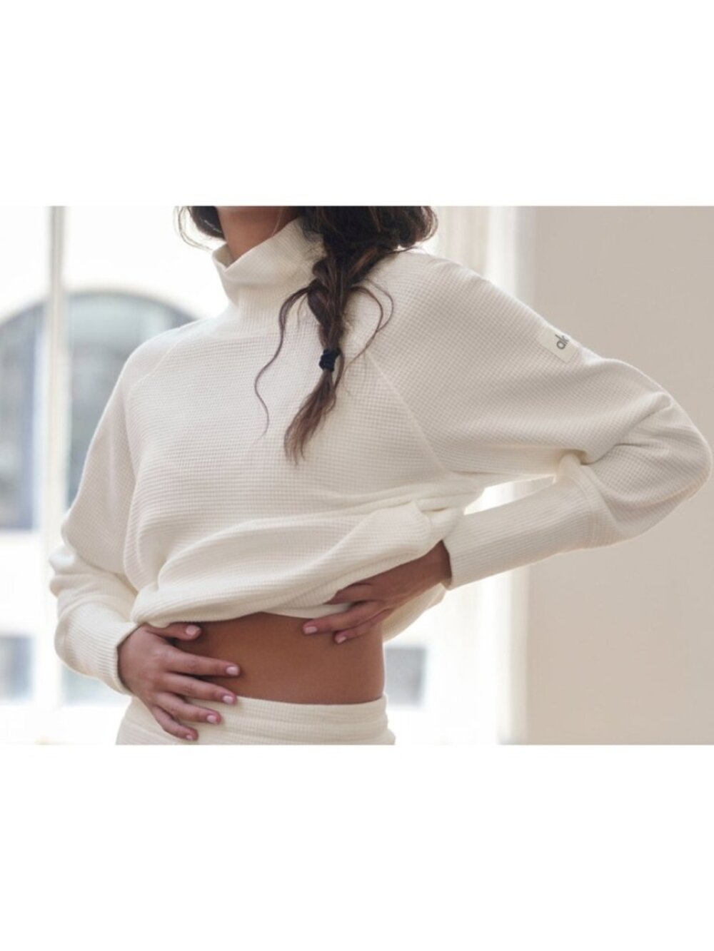 Alo Weekend Escape Mock Neck Long Sleeve Ivory Waffle Thermal Turtleneck Sweater - Picture 7 of 16
